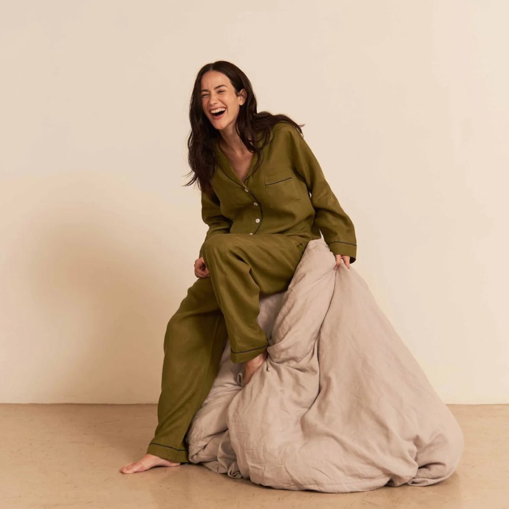 Piglet in Bed Moss Linen Pajama Set Size Small